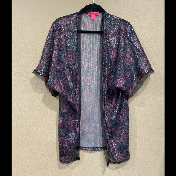 Betsey Johnson Sequin Short Sleeve Kimono Floral Open Front Shawl Multicolor OS - Picture 1 of 10